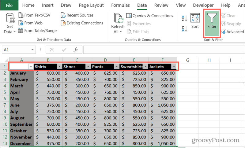 Habilitar filtros en Excel