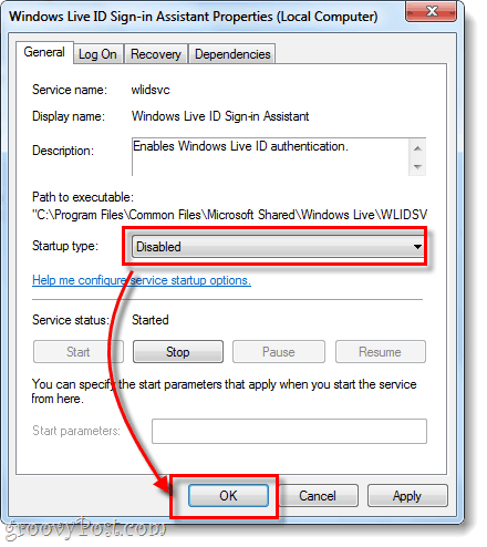 tipo de inicio deshabilitado de Windows Live ID Sign in Assistant