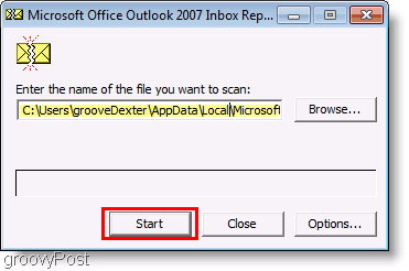 Captura de pantalla: archivo de reparación de Outlook 2007 ScanPST