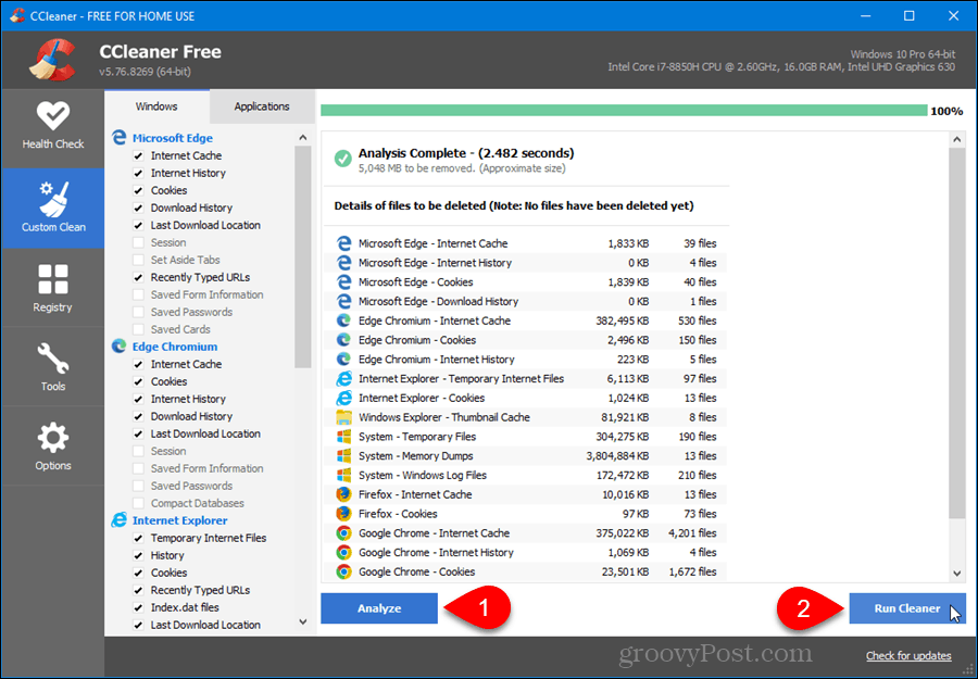 Limpieza personalizada en CCleaner