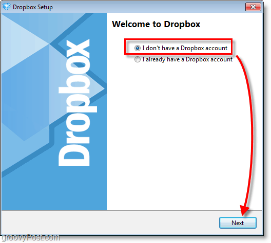Captura de pantalla de Dropbox: elige crear una nueva cuenta