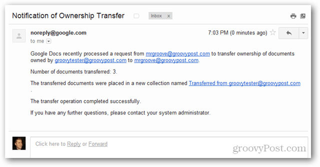 notificación de Google Apps de correo electrónico de transferencia de propiedad