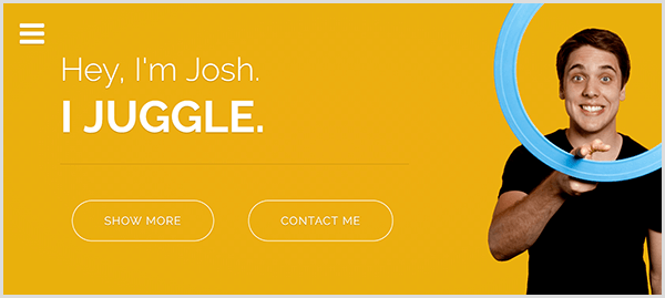 El sitio web de Josh Horton para hacer malabares tiene un fondo amarillo, una foto de Josh sonriendo y haciendo girar un anillo de malabares azul claro alrededor de su dedo índice y un texto blanco que dice Hola, soy Josh. Hago malabares.