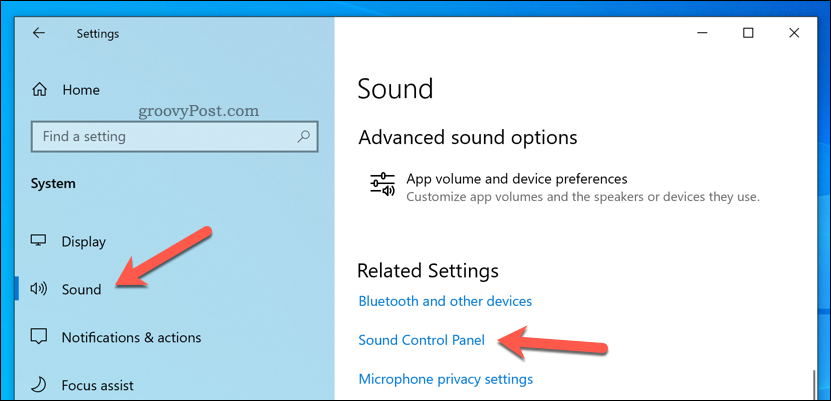 Abra el Panel de control de sonido en Windows 10