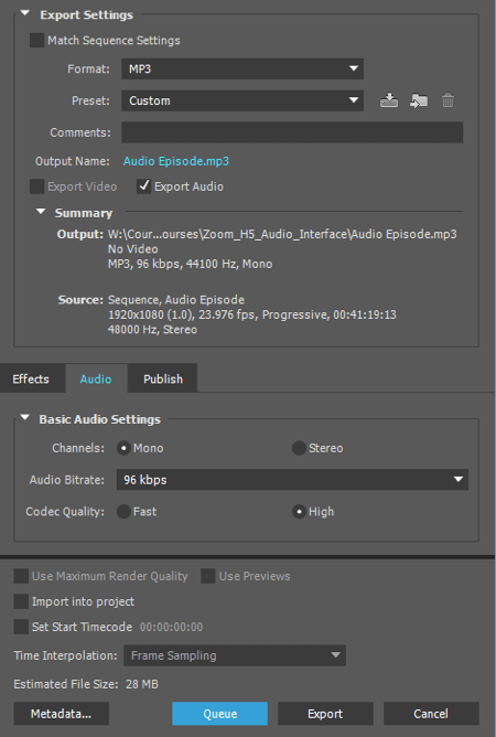 Exporte su audio como un archivo MP3 en Adobe Premiere.