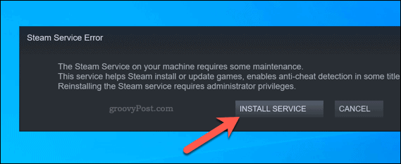 Error de servicio de Steam, opción de servicio de reinstalación