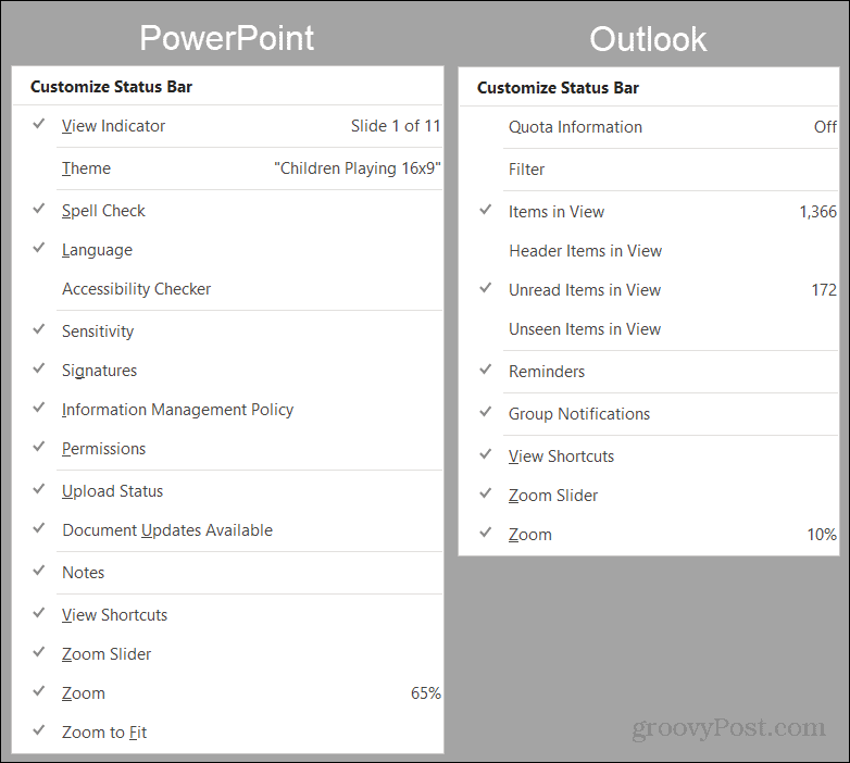 Opciones de la barra de estado de PowerPoint y Outlook