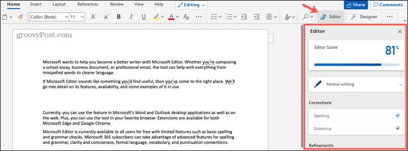 Editor de Microsoft en Word en la web