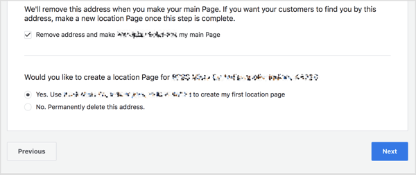 Si su página principal tiene una dirección, puede agregar esta dirección para crear una página de ubicación de Facebook.