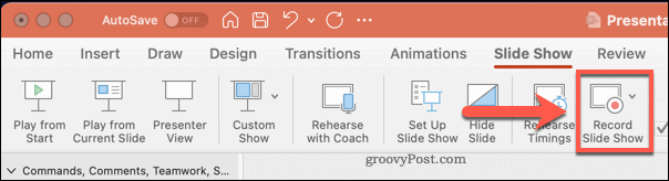 Opciones de Grabar presentación de diapositivas en PowerPoint en Mac