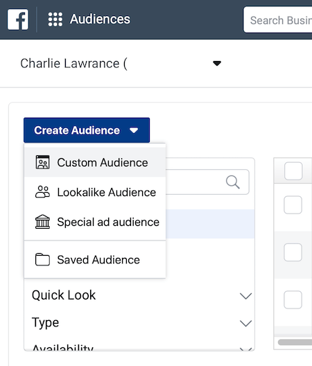 Crear menú desplegable Audiencia en la sección Audiencias de Facebook Ads Manager