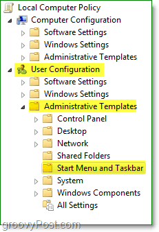 en la ventana de política de grupo local de Windows 7, busque la configuración de usuario, las plantillas administrativas y luego inicie el menú y la barra de tareas