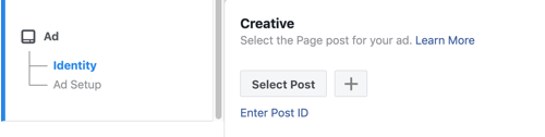 El marco de embudos de anuncios de Facebook utiliza una publicación existente.