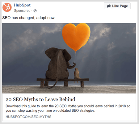 Los anuncios de marca comparten contenido útil como este anuncio de HubSpot sobre 20 mitos de SEO para dejar atrás.
