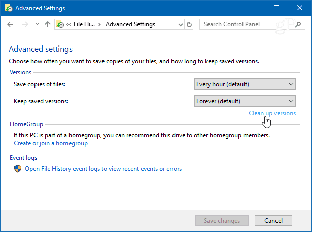 Limpiar versiones del historial de archivos de Windows 10