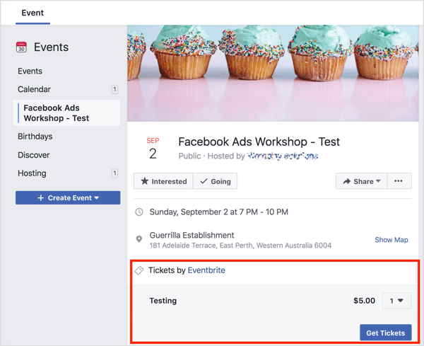 Así es como se verá la página de eventos de Facebook para usted como administrador.