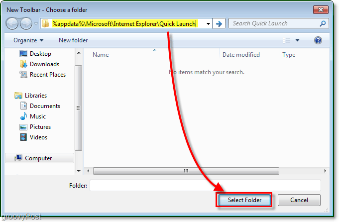 En la ventana de la barra de herramientas de inicio rápido, ingrese la dirección% appdata% MicrosoftInternet ExplorerQuick Launch para navegar a la carpeta correcta