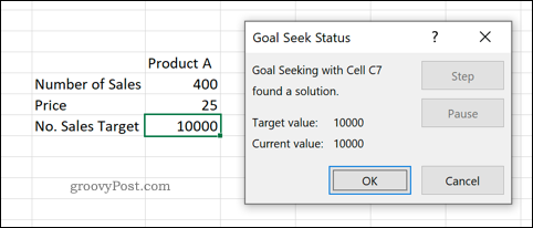 Una vista previa de la herramienta Goal Seek en Excel