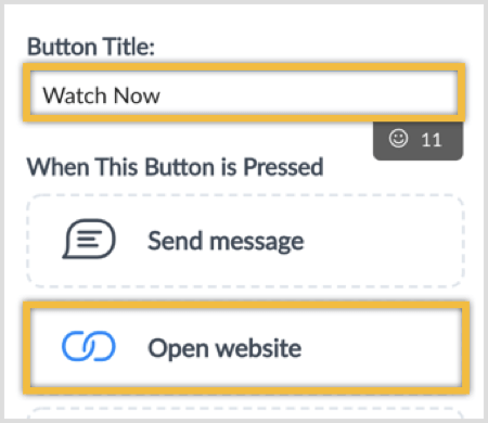 Escriba el título de un botón y seleccione la opción Abrir sitio web.