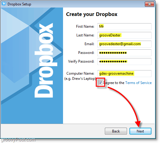 Captura de pantalla de Dropbox: ingrese la información de su cuenta