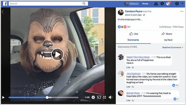 Candace Payne se puso en marcha en Facebook con una máscara de Chewbacca del estacionamiento de Kohl's. En el momento en que se tomó esta captura de pantalla, su video tenía 3.4 millones de veces compartido y 174 millones de visitas.