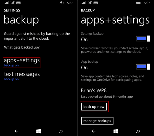 copia de seguridad de Windows Phone