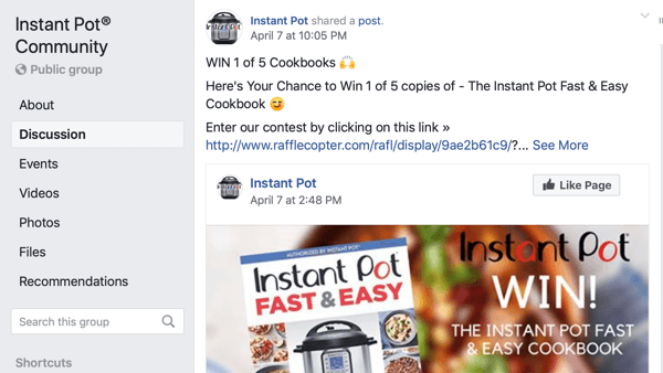 Cómo usar las funciones de Grupos de Facebook, ejemplo de una publicación de página en un grupo para Instant Pot Community