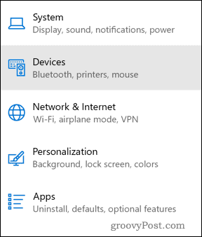Menú de configuración de dispositivos de Windows