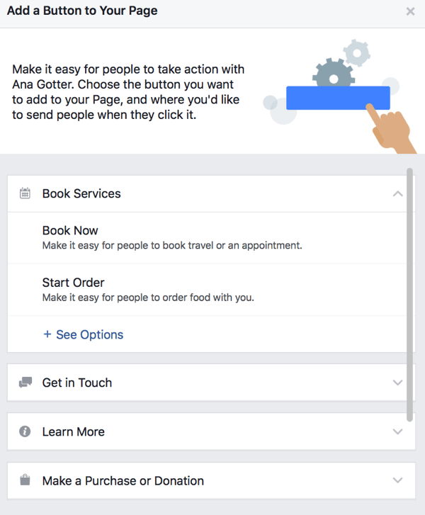 Puede elegir entre una gran cantidad de botones de CTA para su página de Facebook.