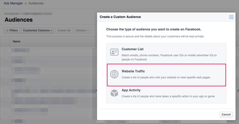 crear una audiencia personalizada de Facebook de los visitantes del sitio web