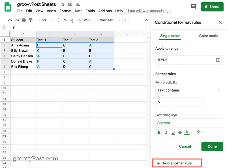 Agregar otra regla a las mismas celdas en Google Sheets