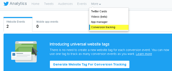Twitter le permite agregar código a su sitio web para realizar un seguimiento de conversiones y crear audiencias personalizadas.