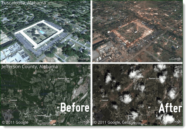 Ver después de los efectos de los recientes tornados de Alabama a través de Picasa de Google Earth