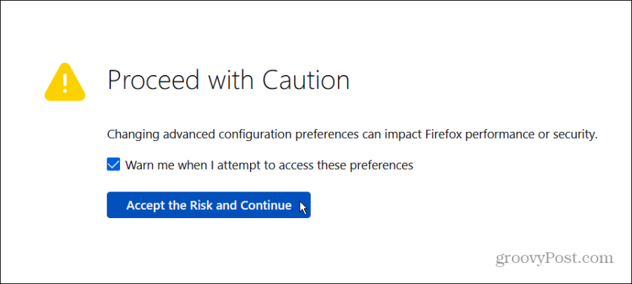 aceptar sobre el riesgo de configuración de Firefox