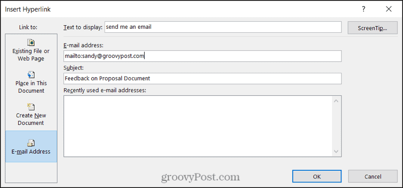 Vincular a un correo electrónico en Word en Windows