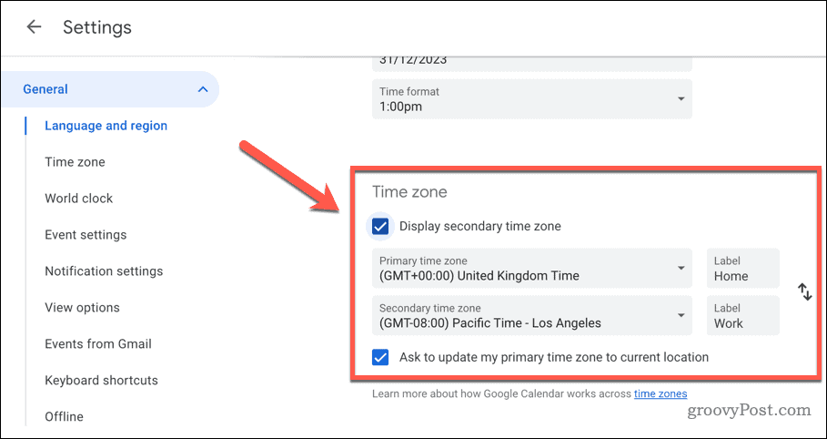 Establecer la configuración de la zona horaria en Google Calendar