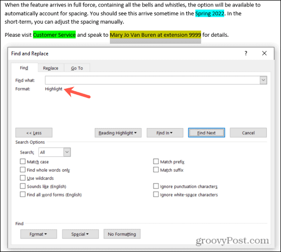 Buscar todos los aspectos destacados del texto en Word