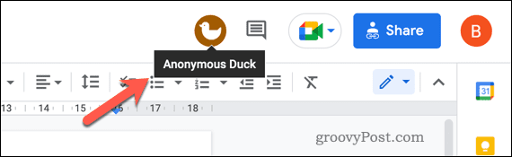 Un ejemplo de usuario anónimo en un documento de Google Docs.