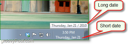 Captura de pantalla de Windows 7: fecha larga vs. cita corta