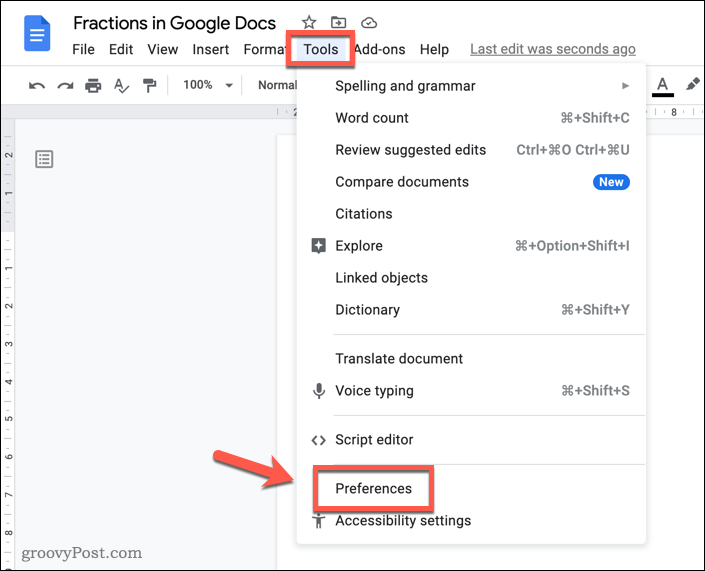Abriendo el menú de preferencias de Google Docs
