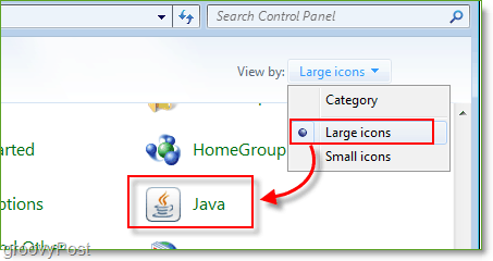 Captura de pantalla: Windows 7 Control Panel Launch Java