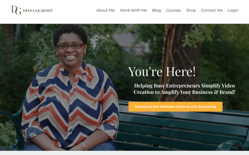 captura de pantalla del sitio web de diana gladney, que destaca su deseo de ayudar a los emprendedores ocupados a simplificar la creación de videos