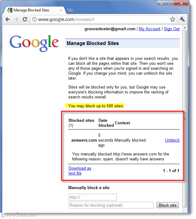 lista de sus sitios web bloqueados de google