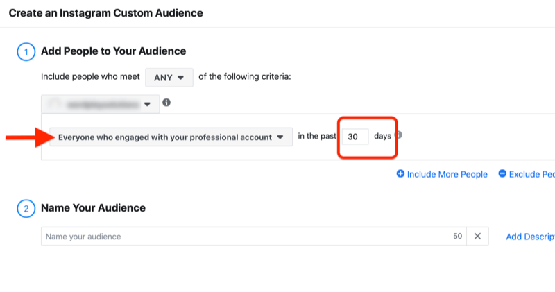 menú para crear una audiencia personalizada de Instagram con la opción de agregar personas que interactuaron con su cuenta profesional en los últimos 30 días