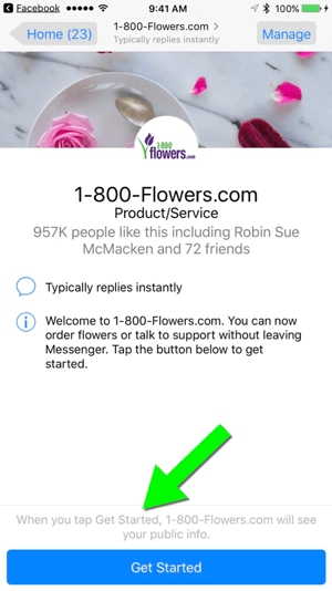 Enviar un mensaje a 1-800-Flowers.com a través de su página de Facebook facilita que los usuarios se conviertan en clientes.