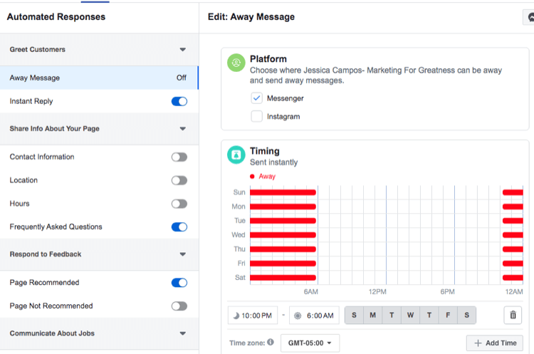 captura de pantalla de la configuración de tiempo para la respuesta automática de mensajes ausentes de Facebook Messenger