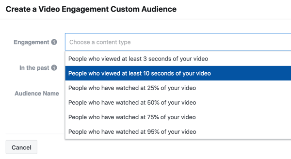 Cómo promocionar su evento en vivo en Facebook, paso 9, cree una campaña de participación de video de personas que vieron al menos 10 segundos de su video