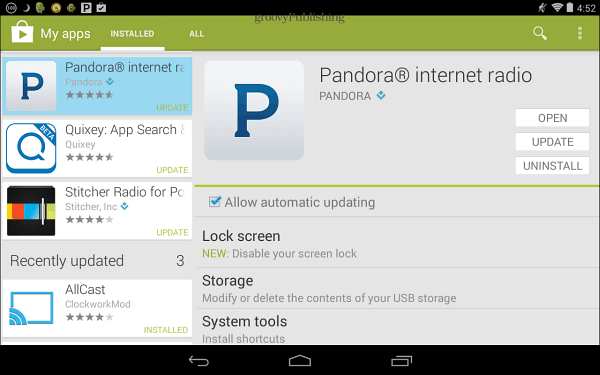 Actualización de Pandora Google Play Store