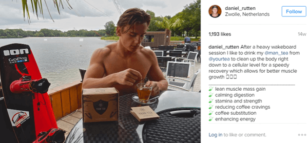 El atleta Daniel Rutten posa con Man Tea y destaca los beneficios para sus seguidores de Instagram.