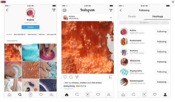 Para hacer que las publicaciones y otros usuarios sean aún más visibles en la plataforma, Instagram introdujo hashtags que los usuarios pueden seguir y descubrir las publicaciones principales y las últimas historias. 